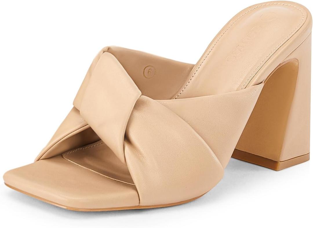 Coutgo Womens Chunky Heeled Mules Puffy Knot Square Open Toe Slip On Sandals Summer Evening Party Prom Shoes (8.5, Khaki)