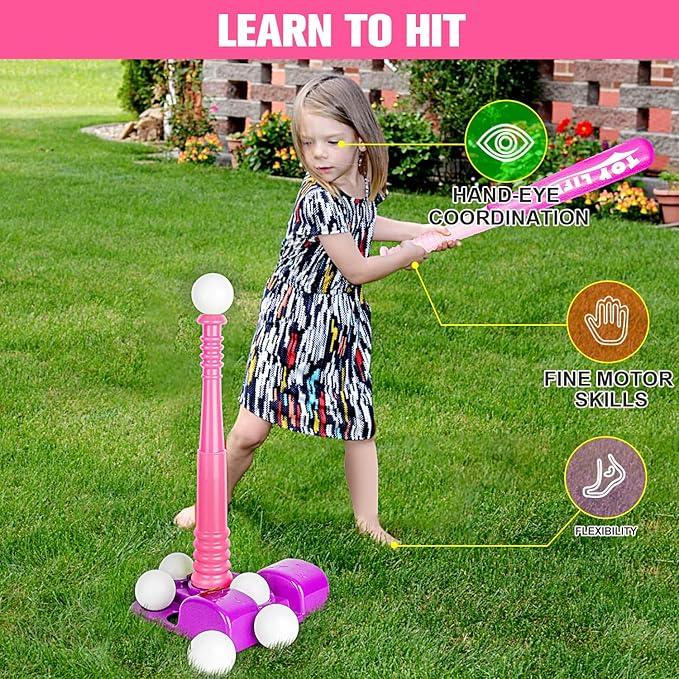 TOY Life T Ball Set for Kids 3-5 5-8, Toddler Baseball Set for Girls, T Ball Stand Sets with Baseball Glove, Tball Bating Tee Outdoor Indoor Toys for Toddler Girls, Pink