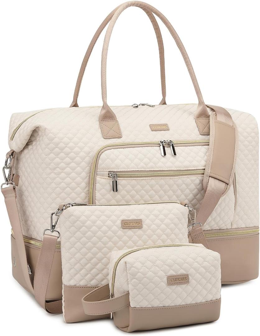 Weekender Bags for Women, Travel Duffle Bag Carry On Overnight Bag with Cosmetics Bag and Crossbody Purse for Gym Hospital, Gifts for Women, Beige Camel