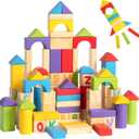 Alphabet Number Wooden Building Blocks Set -100 Blocks in 5 Water Paint Colors and 7 Shapes. Preschool Montessori Kids Baby Toys. Stacking Learning Toys for Toddlers. Age 18 Months +