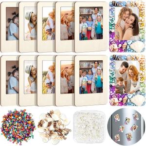 Yalikop 12 Pack DIY Mosaic Photo Frame Craft Kits Unfinished Wooden Magnetic Picture Frame with Mosaic Tiles and Shells Mini Ocean Fridge Frames to Decorate for Summer Activities Birthday Craft Gifts, 3.74 x 2.56 inches