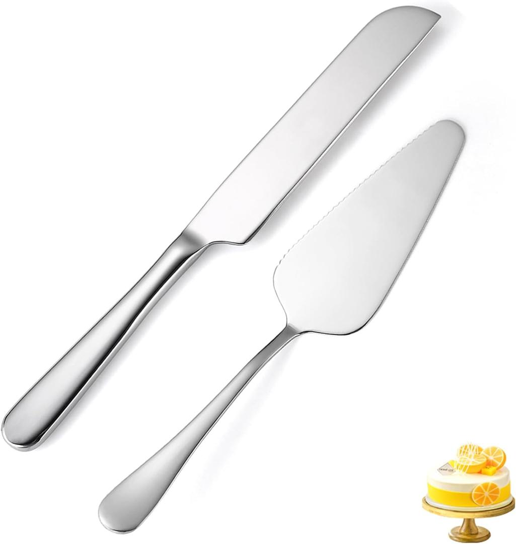 Wedding Cake Knife and Server Set Silver,Stainless Steel Cake Cutting Set,2Pcs Include Cake Cutter And Cake Server for Wedding, Birthday, Parties and anniversary, Dishwasher Safe (B Style-Silver(Small Size))