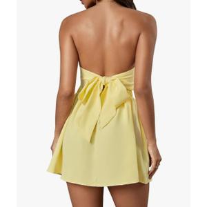 MakeMeChic Women's Summer Elegant Strapless Mini Dress with Bow Ruched Ruffle A Line Bandeau Party Mini Dress, XS