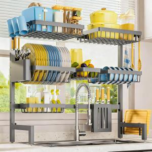 Dish Drying Rack - Over The Sink Dish Drainer Drying Rack with Utensil & Knife Holder, Hooks, Stainless Steel Kitchen Organizers and Storage Solution, 11.8" D x 31.5"~39.0''W x 30" H, Gray