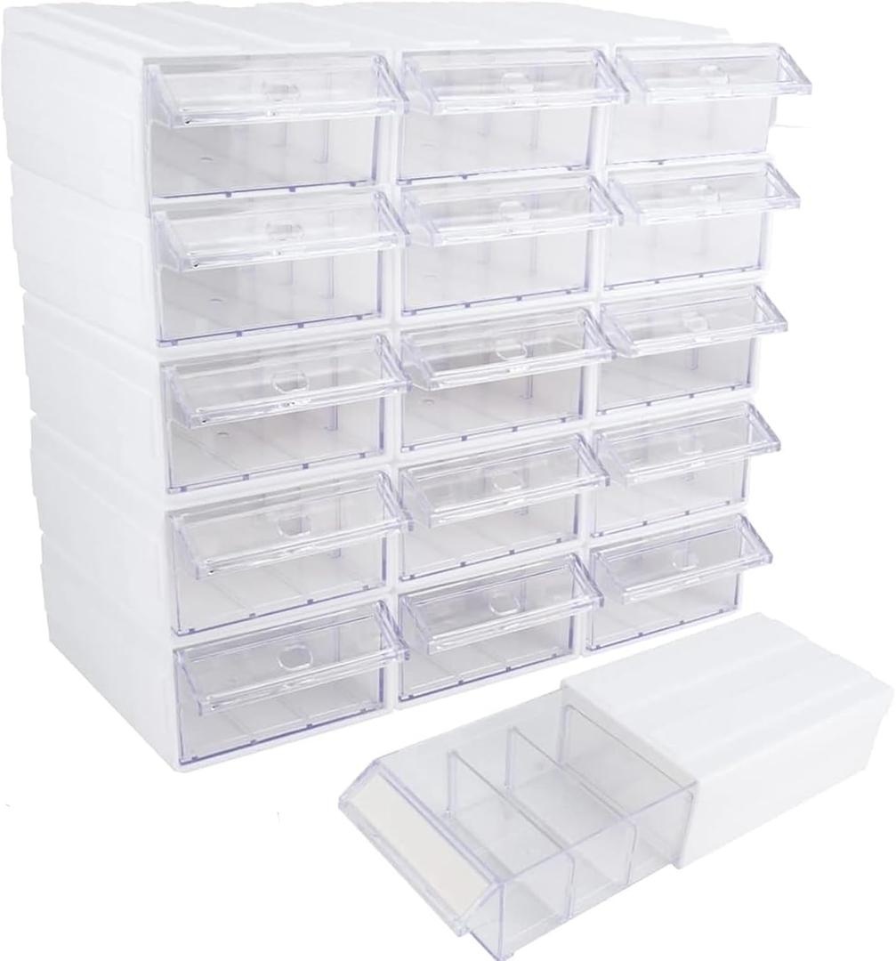 GERRIT Plastic Craft Organizers and Storage,Stackable Storage Drawers, Drawers Storage Closet with 30 pcs Clear Dividers&2 Pen &45pcs Tag Card,Small Parts Organizer (15 pcs-White)