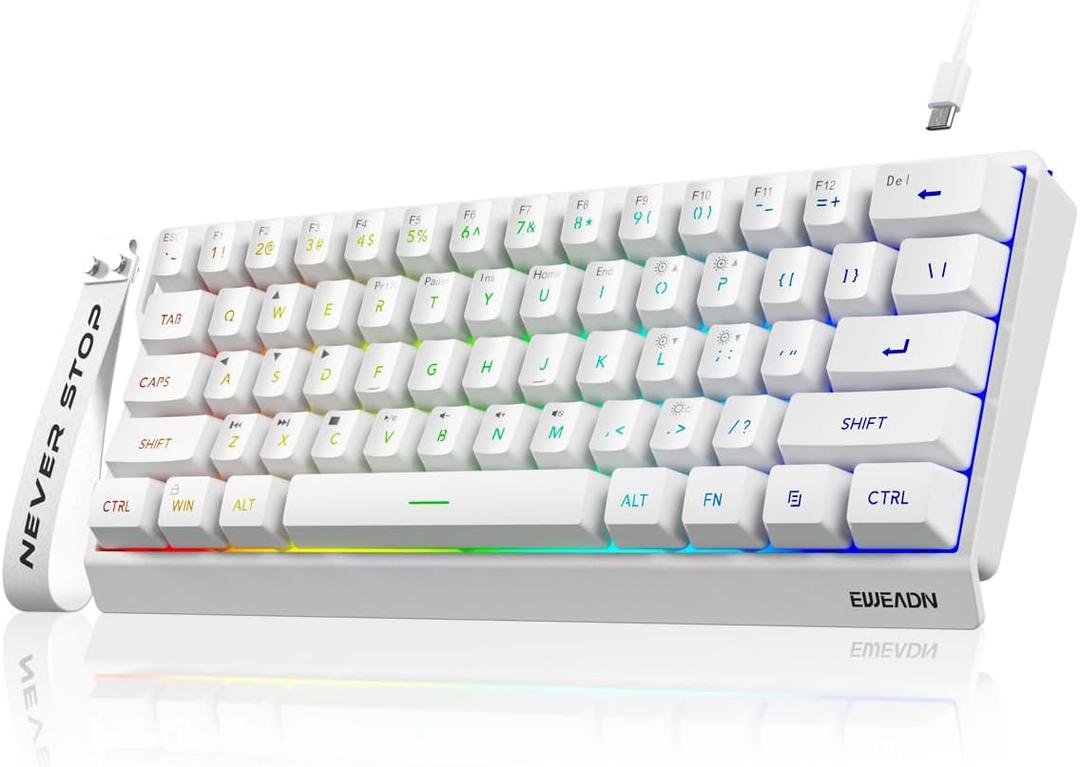 SEUNKWANG F61 60% Gaming Keyboard Wired, RGB Backlit Membrane Keyboard with PBT Keycaps, Compact Design, Lanyard Wired Keyboard for Mac/Win (White, Wired)