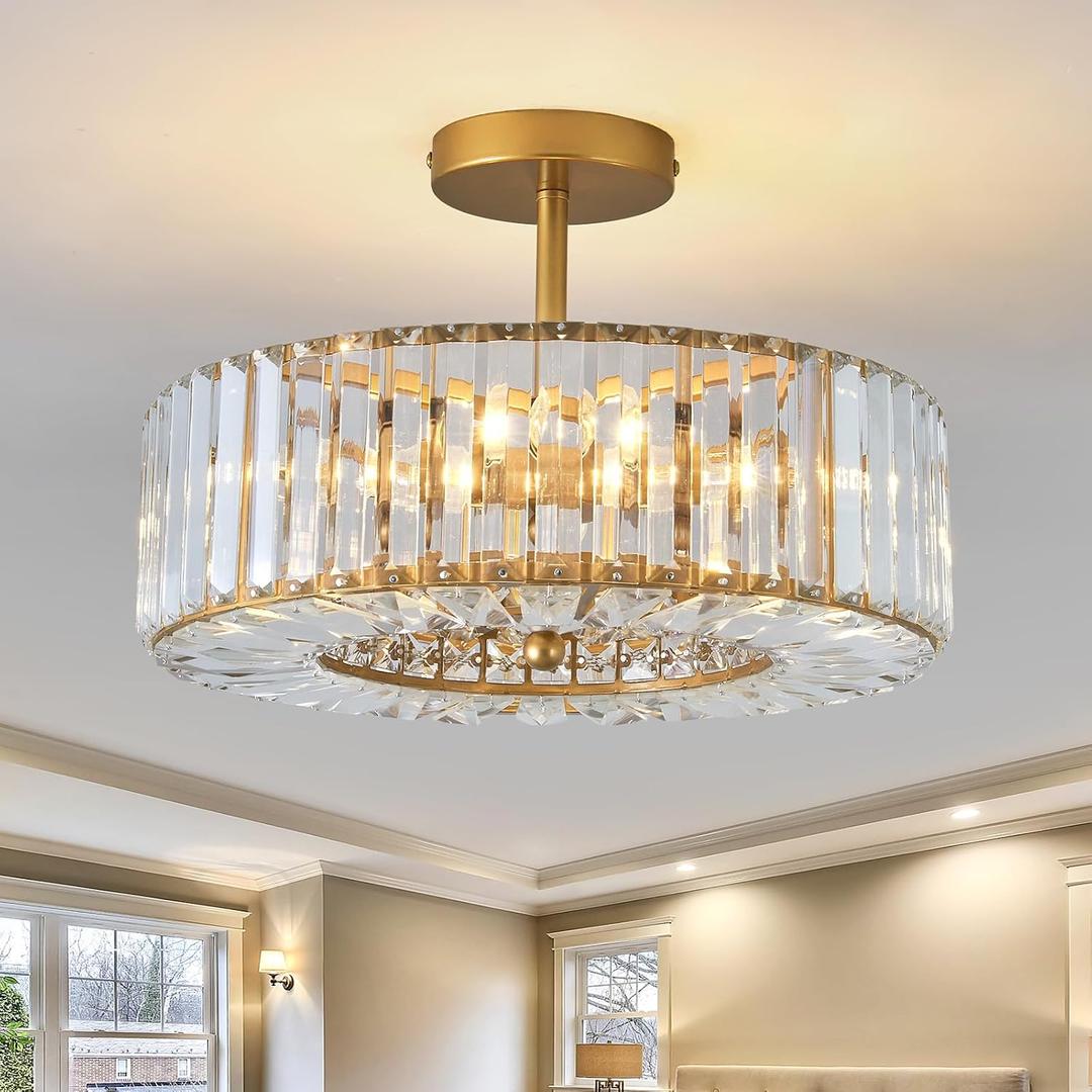 Piepooye 4 Lights Modern Crystal Chandelier Gold Round Semi Flush Mount Ceiling Light Fixture Farmhouse Chandelier for Dining Room Living Room Bedroom Hallway Entryway Kitchen