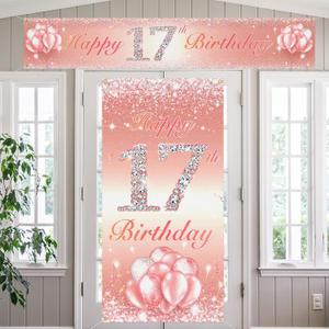 Happy 17th Birthday Door Cover Porch Long Banner Sign Set 17 Years Old Birthday Decoraions Party Supplies for Girls Rose Gold