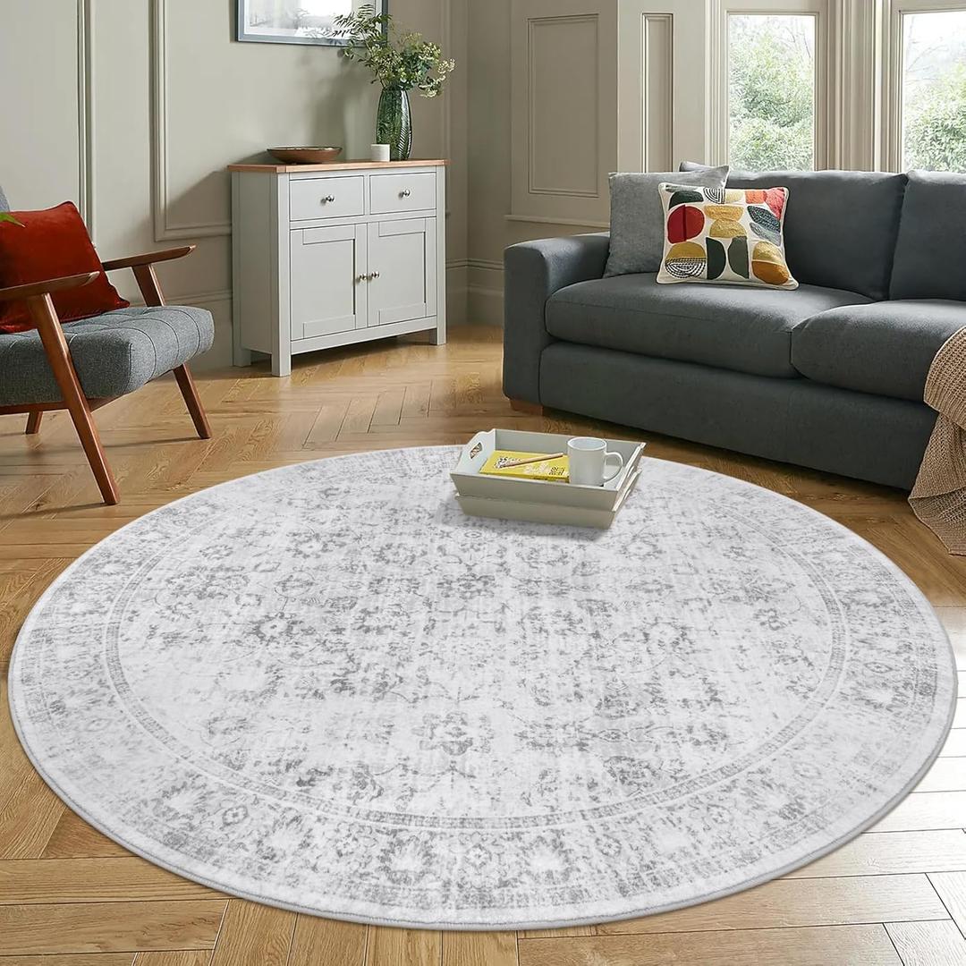 LIVEBOX Vintage Round Rug - Washable 5 Foot Large Oriental Circle Grey Rug for Living Room, Non-Slip Soft Carpet Low Pile Entryway Circular Rugs for Foyer Kitchen Kids Room (Silvergray)