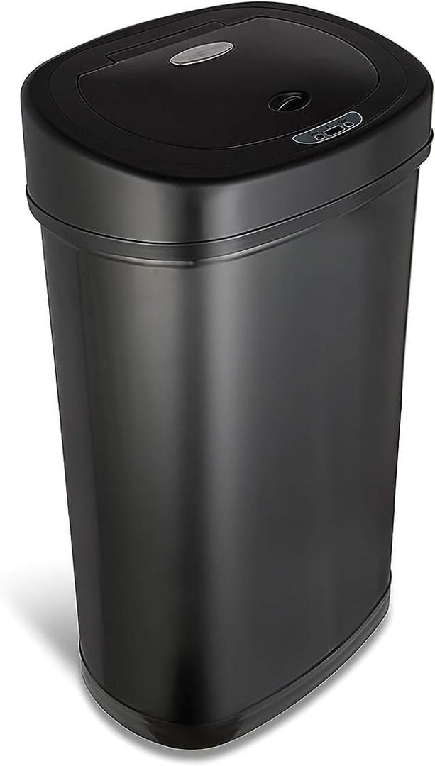 NINESTARS DZT-50-9BK Automatic Touchless Infrared Motion Sensor Trash Can, 13.2 Gal 50L, Black Steel Base (Oval, Black Lid)