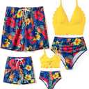 Family Matching Solid Scallop Trim Strappy Two-Piece Swimsuit and Allover Floral Print Swim Trunks Shorts (M)