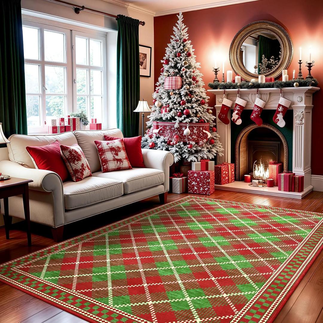 Terrug Christmas Area Rug 4x6 for Bedroom, Red Green Checkered Rugs with Low Plie Non-Slip Backing for Living Room, Washable Stain-Resistant Plaid Carpet for Kids Room Holiday Decor