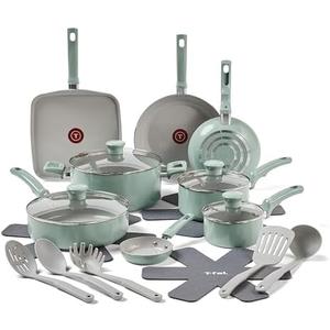 T-Fal Refresh Ceramic Nonstick Cookware Set, 20-Piece, Oven Safe to 350°F, Stockpot, Ceramic Pots and Pans Set, Frying Pans, Griddle, Utensils, Mint Green