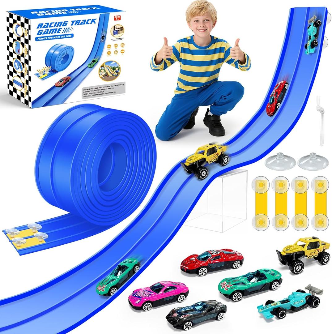 15Ft Flex Track, Flexible Race Car Track for Kids Toy with 10 Suction Cups, Rolls Up Portable Racetrack Compatible with Hot Wheels & Diecast 1/64th Cars, Birthday Gifts for Boys Girls (Blue)