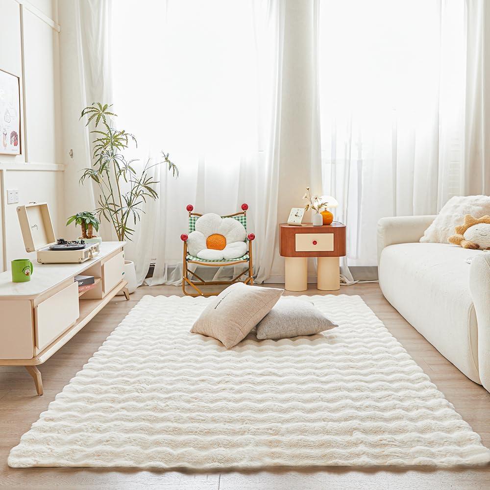White Rabbit Plush Area Rug for Bedroom Living Room Sofa,4'X6' Faux Fur Fluffy Shaggy Rectangular Square Rug for Kids Teen Girls Room,Furry Carpet Rug for Nursery Baby Room Decor for Teenage (4'x6', White)
