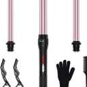 3 in 1 Curling Iron, Curling Wand Set with 3 Interchangable Ceramic Beach Waves Wands(0.75"-1.25"), Dual Voltage 30s Fast Heating with Heat Resistant Glove & 2 Clip for Long/Short All Hairstyle