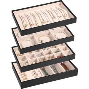 LANDICI Stackable Jewelry Organizer Trays 4 Set,PU Leather Jewelry Organizer Drawer,Jewelry Storage Display Tray for Earring Necklace Rings Bracelet with Removable Dividers,Black