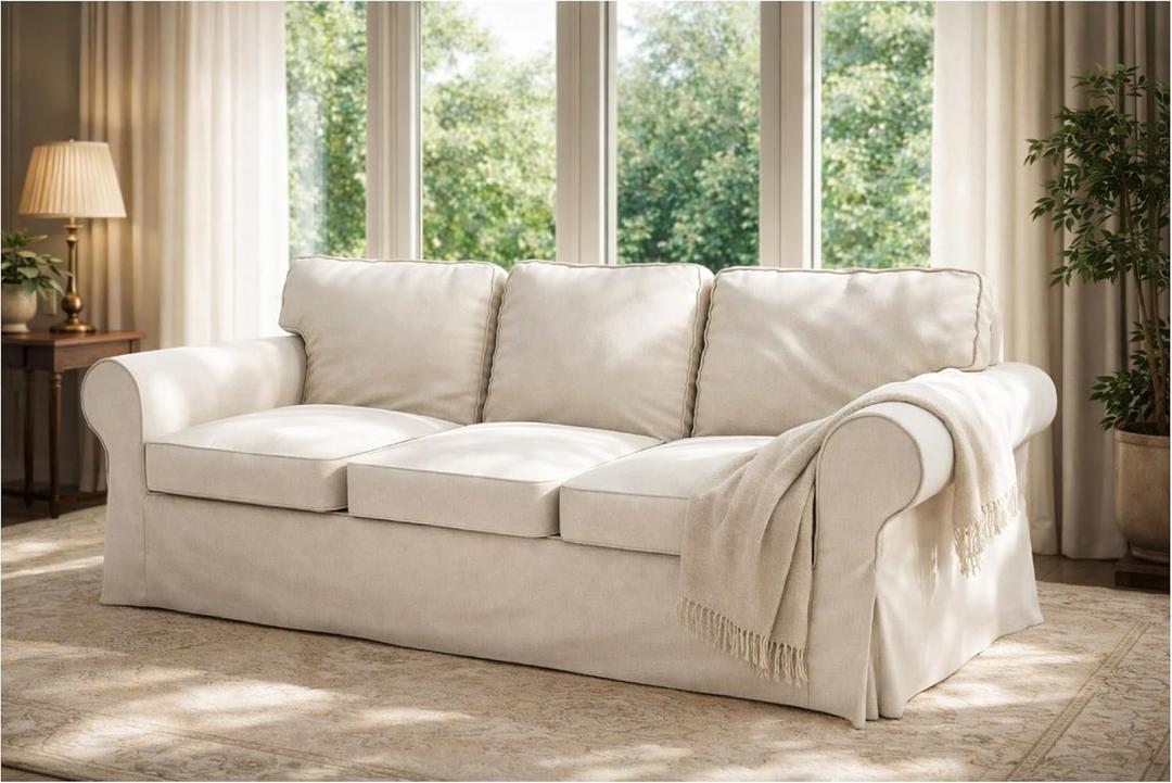 The Heavy Duty Fabric Ektorp 3.5 Seat Width: 98" (Not Regular 3 Seat) Sofa Cover Compatible with IKEA Ektorp Three and Half Sofa Cover, a Sofa Slipcover Replacement (Polyester Beige)