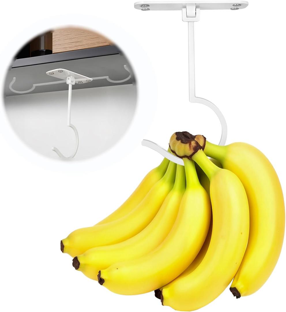 CAPHONT 2 Pack Foldable Metal Banana Hook Under Cabinet - Hanger to Keep Bananas Fresh, Holder for Other Kitchen Items (White)