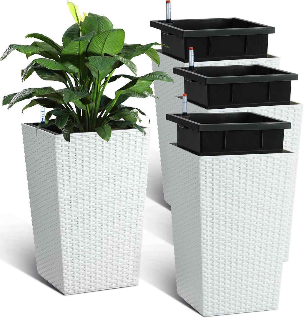 Garvee Set of 4 Tall Outdoor Planters, 16 Inch Planters for Outdoor Plants, 4 Pack