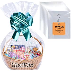 Yuiicaov 10PCS Large Cellophane Bags, 18x30 Inches Clear Cellophane Wrap for Gift Baskets, Clear Basket Bags Packaging 2.8 Mil Thick