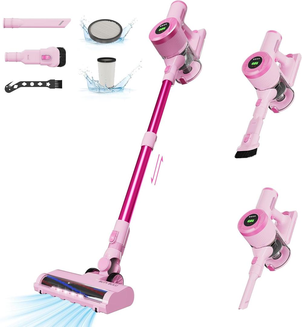 BUTY BULU Cordless Stick Vacuum Cleaner, 30KPa Handheld Rechargeable Battery Lightweight Small Pink Vac Electirc Broom, 40Mins Runtime for Home Hard Floor Carpet Pet Hair Cleaning, LED Screen