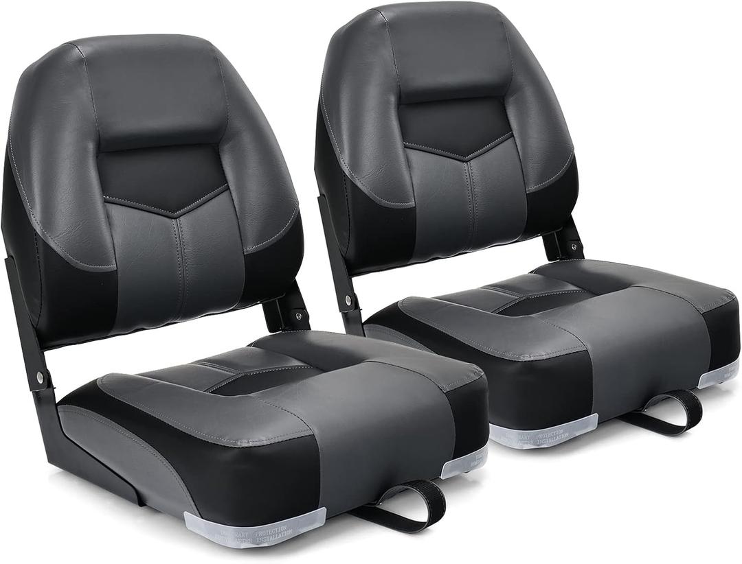 GYMAX Boat Seats, 2 Pack Folding Low Back Boat Seats with Stainless Steel Screw Included, Fold-Down Boat Captain Chairs for Fishing Yachts (Black and Grey)