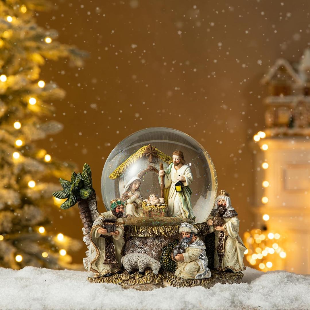 Glitzhome 150mm Lighted Musical Christmas Snow Globe,Oversized Resin Holy Family Nativity Figurines Scene Water Globe,Xmas Spinning Glitter Waterglobe for Christmas Festival Decoration Gifts