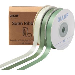 QIANF Sage Green Double Face Satin Ribbon 3/8 Inch x 45 Yards Moss Green Cream Fabric Ribbon for Gift Wrapping, Flower Bouquets, Bows Making, Wedding Decoration, Invitations, Christmas (3 Rolls *15Yd)
