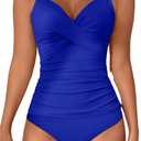 B2prity Women's Ruched Tankini Swimsuits V Neck Wrap Tie Back Two Pieces Bathing Suit Tummy Control Swimwear(Royal Blue) (S)