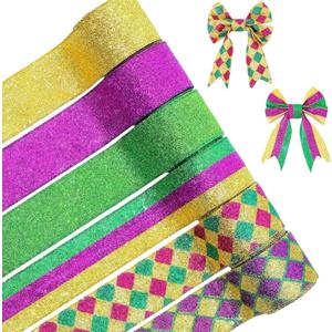 Mardi Gras Wired Ribbon, 6 Rolls 30 Yards Purple Gold Green Glitter Metallic Edge Stripe Ribbon for Mardi Gras Wreath Bows, Masquerade Party Decoration,2inch