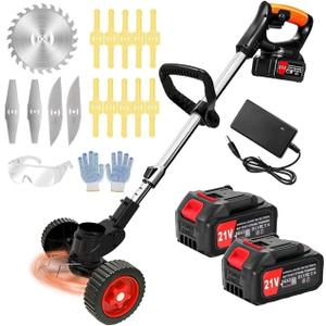 Electric Weed Wacker 21V Electric Weed Cordless Eater with 2pcs Batteries and 3 Types Blades&Auxiliary Wheel Weed Trimmer Lightweight 3 in 1 Stringless Grass Trimmer Edger/Brush Cutter for Lawn