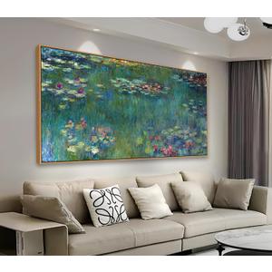 Framed Wall Art Canvas Prints Water Lilies by Claude Monet Garden Scenery Large Canvas Artwork Green Landscape Contemporary Nature Wall Pictures for Living Room Bedroom Home Office Decor 24" x 48"