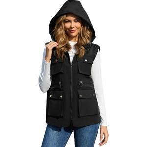 PESION Womens Packable Military Utility Vests Outerwear Waterproof Windbreaker Jacket Cargo Vest with Removable Hood (Black, XL)