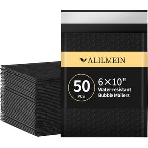 610" Inch Bubble Mailers 50 Pack Waterproof Padded Envelopes Self Seal Adhesive Shipping Bags for Mailing Cards Jewelry Makeup and Small Business Packaging (Black)