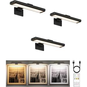EZVALO Picture Light for Wall, Rechargeable 2400mAh Battery Lights Wireless Remote, 3 Color & Dimmable Magnetic 8'' LED Lights Display for Painting, Living Room, Gallery, Bedroom, Dashboard(Black-3P)