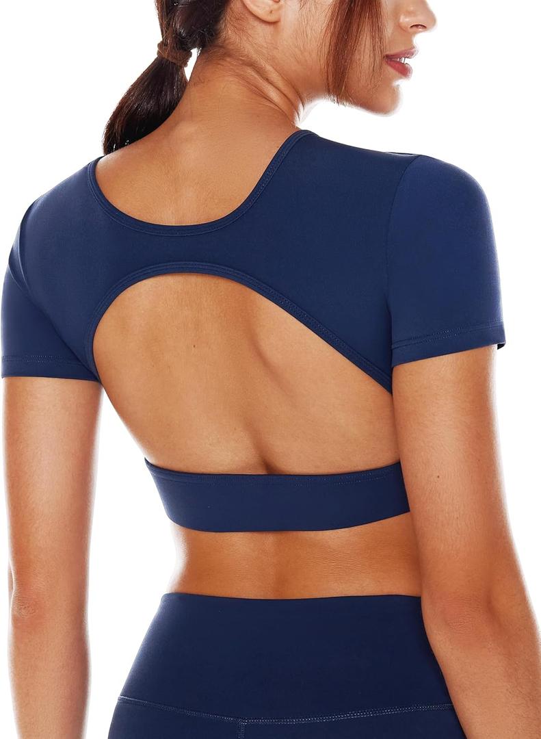 ENERBLOOM Open Back Workout Crop Tops for Women Backless Yoga Shirts Gym Short Sleeve Mild Support Compression Tee with Bra (Large, Navy Blue)