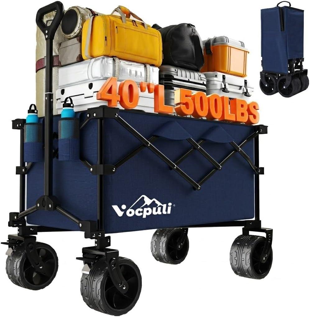 40" L Collapsible Wagon Cart Foldable, 500lbs Weight Capacity 250L Heavy Duty Folding Beach Wagons with Big All-Terrain Wheels, Utility Carts for Groceries, Shopping, Camping, Sports - Blue