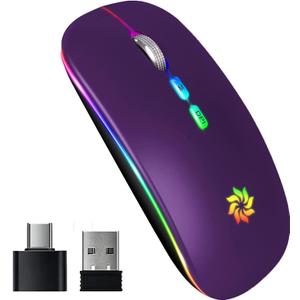 KBCASE Wireless Mouse, LED Wireless Mouse for Laptop, Slim Silent Mouse 2.4G Rechargeable Wireless Computer Mouse for Laptop, MacBook, iPad, Chromebook, with USB & Type-c Receiver