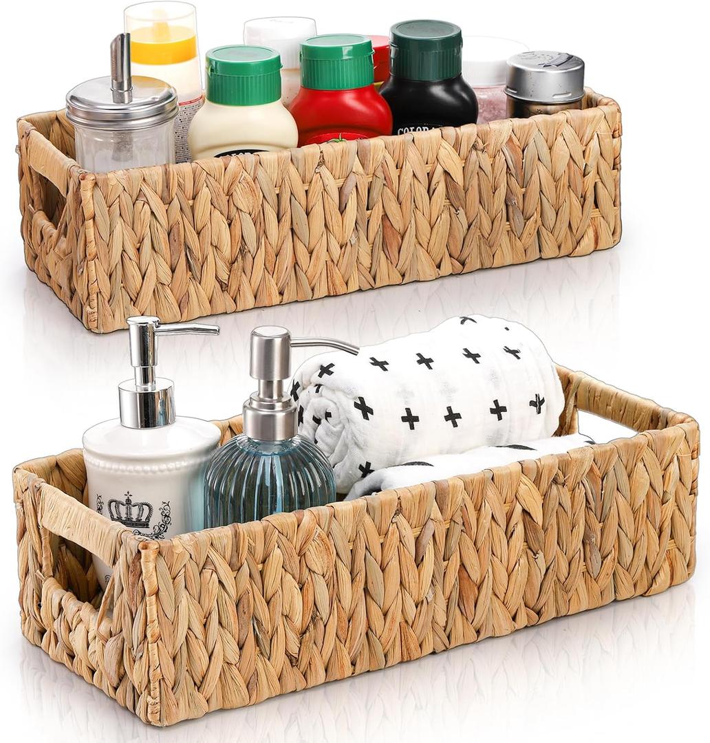Eorbow 2 Pack Wicker Storage Baskets, Water Hyacinth Holder for Toilet Paper, Rectangular Natural Bins with Built-in Handles, Handwoven Organizer for Bathroom Kitchen Pantry Tank Top, 2 Sizes