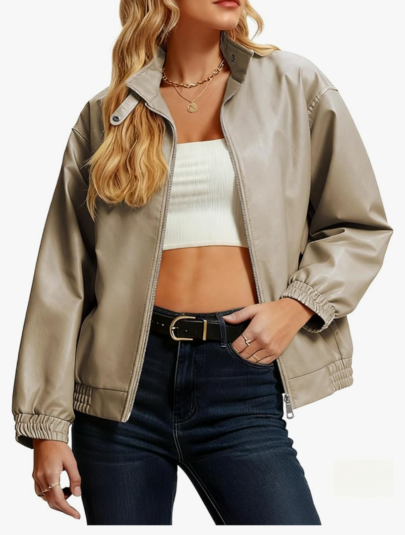 Casly Lamiit Women's Faux Leather Jacket Oversized Winter Stand Collar Double Zipper Casual Motorcycle Bomber Coat Outwear, XXL