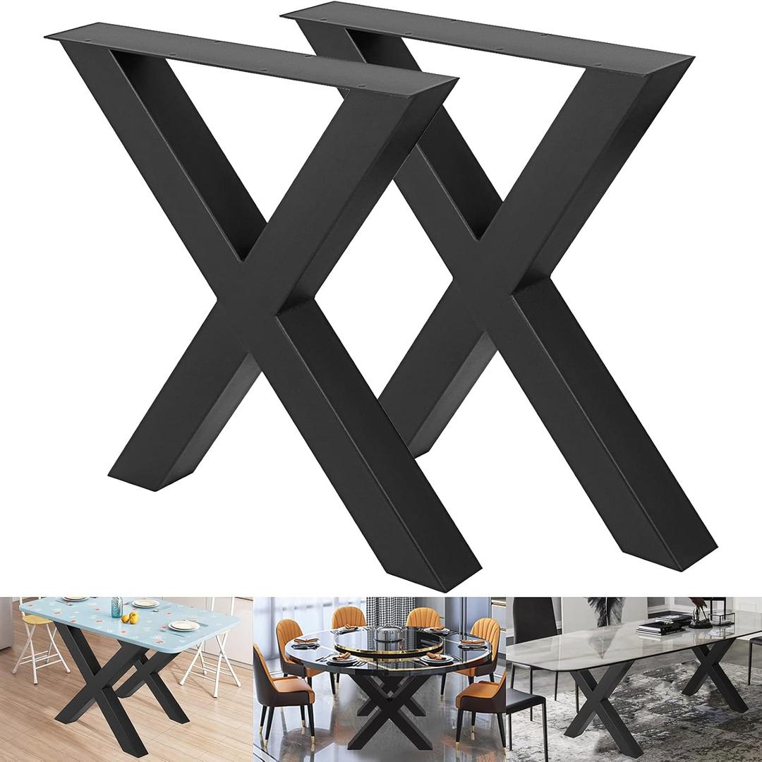 VEVOR Set of 2 Steel Table Legs, 28Height 30Wide Dining Table Legs,Heavy Duty 3.1" Square Box Section X Frame Table Legs,28x30x3.1 Inch Black Color Industrial Country Style Metal Dining Legs