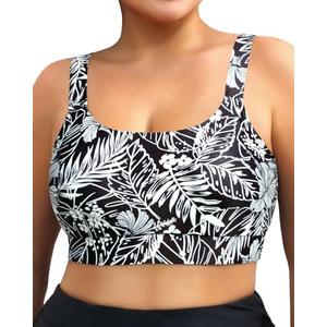 Daci Women Plus Size Sports Bra Bikini Top Only Push Up Scoop Neck Swim Top Full Coverage Bathing Suit for Large Bust Black Floral 16 Plus