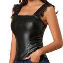 Allegra K Women's Halloween PU Tank Tops Lace Trim Party Faux Leather Top X-Large Black (Black, L)