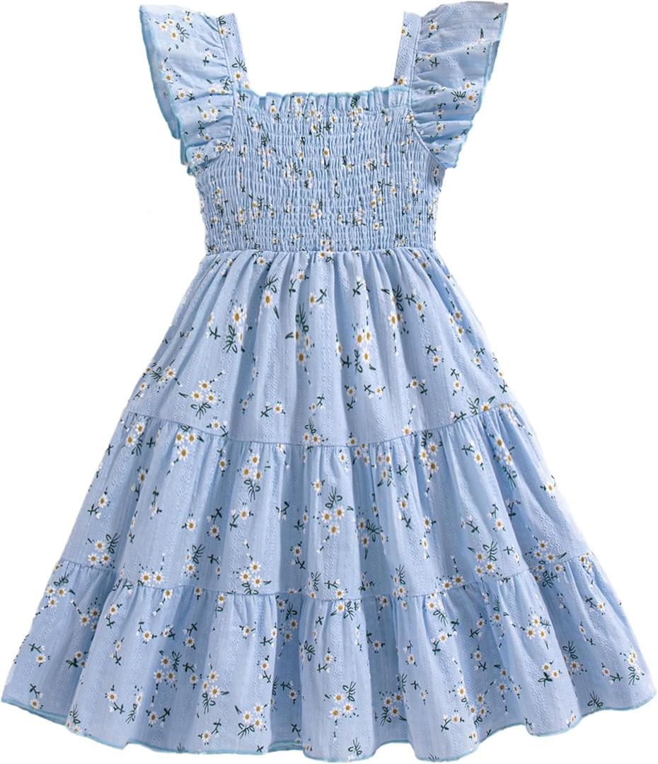 Mioglrie Toddler Girl Dress Summer Outfits Kids Ruffle Cap Puff Sleeves Boho Dresses Casual Sundress for Girls 2-3T (Blue)
