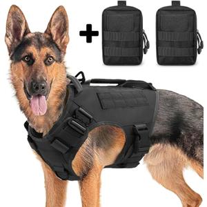 Tactical Dog Backpack Harness for Large Breed Original Design Metal Buckle Vest with Side Bags Pouches for Service Working Training (Black (with 2 Pouches), M)