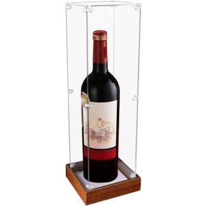 Clear Acrylic Wine Bottle Display Case with Wooden Base, Dustproof Protection Single Red Wine Showcase for Champagne, Whiskey, Liquor, Beer, Figures, Collectibles (3.9 x 3.9 x 13.8 Inch)