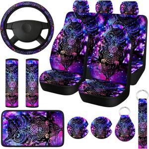 Riakrum 15 Pcs Purple Colorful Owl Car Seat Covers Full Set Space Cats Car Covers for Front Rear Seat Steering Wheel Wrist Strap Armrest Pad Shoulder Pads