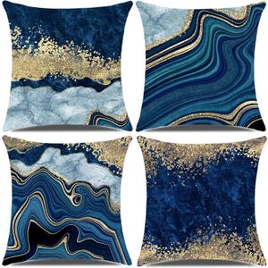 Blue Throw Pillow Covers 18x18inch, Set of 4 Decorative Soft Accent Pillows Covers, Blue and Gold Square Cushion Covers for Living Room Decor Sofa Couch Pillow Cases