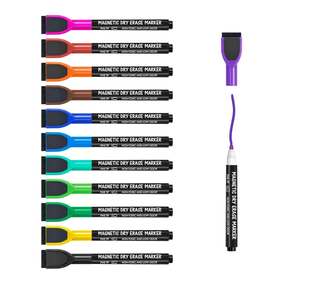 maxtek Magnetic Whiteboard Markers - 12 Count Colorful Fine Tip Dry Erase Markers with Eraser for Kids, Low Odor Thin Markers for Calendar Boards